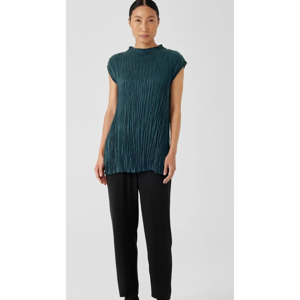 Eileen‎ Fisher Crushed Pleat Tunic Women OS Teal Excellent Sleeveless Mock Neck